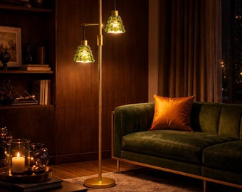 Modern Glass Floor Lamp, Gold Base & Green Lampshade, Tall  Standing Floor Light, Customizable