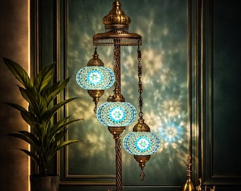 Handmade Turkish Moroccan Mosaic Lamp – 3 Globe Antique Brass Floor & Table Light – Customizable Glass