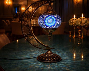 Turkish Mosaic Moon Lamp, Moroccan Stained Glass Table Light, Bohemian bedside nightstand light, customizable