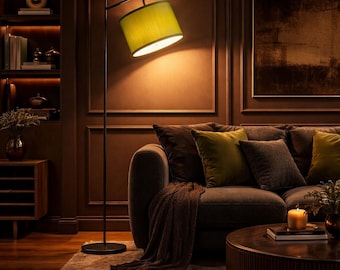 Modern Floor Lamp, Minimalist Arc Standing and Adjustable Height Green Linen Shade, Mid Century Tall Customizable Light