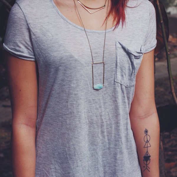 Faceted Amazonite + Brass Rectangle Necklace