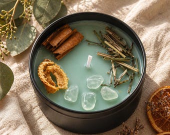 Vela de cristal de eucalipto: fluorita verde, canela, cáscara de naranja – Ayuda para la meditación