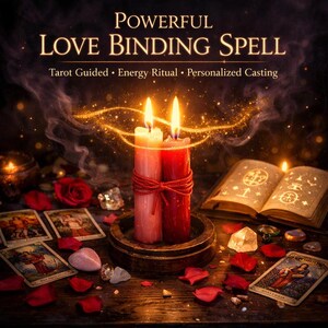 Op de afbeelding: Afbeelding van een liefdesbindingsspreuk met twee brandende kaarsen, tarotkaarten en een open boek. De kaarsen zijn samengebonden met een rood lint. De tekst luidt "Powerful Love Binding Spell".
