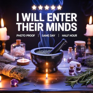 Könnte beinhalten: Ein mystisches Bild mit brennenden Kerzen, einem Mörser und Stößel sowie Gläsern mit Kräutern und Kristallen. Der Text "I WILL ENTER THEIR MINDS" ist prominent dargestellt.