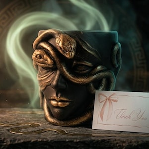 Hand-Painted Medusa Head Planter - Black Gold Plaster Decor