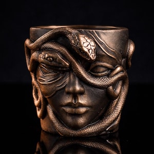 Hand-Painted Plaster Medusa Head Planter, Black Copper Greek Mythology Decor