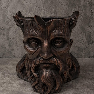 May include: A dark bronze-colored planter shaped like a bearded man's head with a textured, bark-like surface. The top of the head is open, featuring a hollow interior for plants. The facial features are detailed with deep-set eyes and a thick beard.