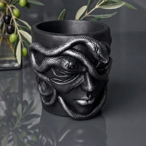 Gothic Goddess Bust Planter, Matte Black with Silver Accents, Mythological Dark Academia Decor, Hand-Cast Gypsum Succulent Pot