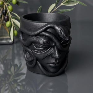 Könnte beinhalten: Ein mattschwarzer zylindrischer Übertopf mit einem skulpturalen Relief eines menschlichen Gesichts, das von mehreren Schlangen umschlungen ist. Die Oberfläche hat ein strukturiertes Finish und das Design umschließt das Gefäß, was einen detaillierten 3D-Effekt erzeugt.