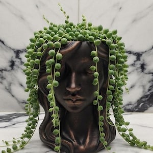 May include: A dark bronze-colored planter shaped like a human head with sculpted hair. The planter is filled with a trailing string of pearls plant, featuring numerous small, round, light green succulent beads cascading down the sides of the face.