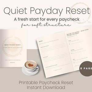 May include: A beige printable planner titled "Quiet Payday Reset" with the text "A fresh start for every paycheck." The planner is open to a spread with prompts. A cup of coffee with a heart design sits next to the planner. The text "Printable Paycheck Reset Instant Download" is at the bottom.