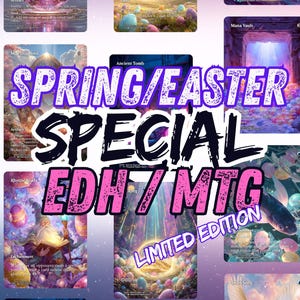 Könnte beinhalten: Eine Sammlung von Sammelkartenspielkarten mit Fantasy-Themen. Die Karten zeigen lebendige Kunstwerke mit Ostern, Frühling und Fantasy-Elementen. Der Text "SPRING/EASTER SPECIAL EDH/MTG LIMITED EDITION" ist im Bild zu sehen.