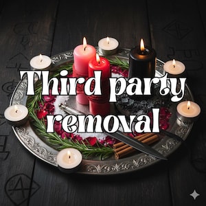 Peut inclure: Un plateau argenté avec des bougies, un couteau et le texte "Third party removal". L'arrangement comprend des bougies rouges et roses, de petites bougies blanches et une bougie noire. Le plateau est entouré de verdure et de pétales de rose.