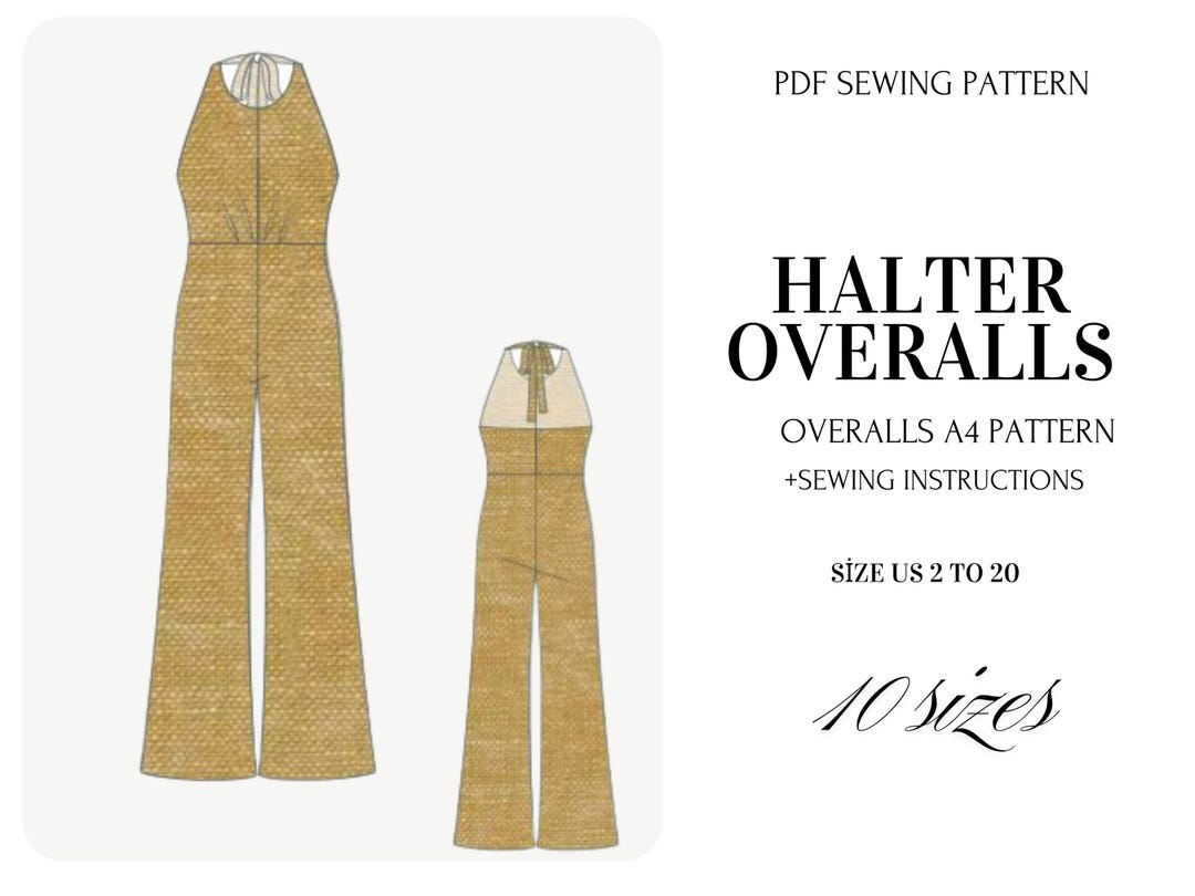 Halter Neck Overalls Sewing Pattern | Wide Leg Jumpsuit PDF (sizes 2-20 ...