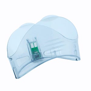 May include: A transparent blue plastic device with a curved design. It features a small green circuit board visible inside. The device has a smooth, glossy finish and appears to be a protective or housing component.