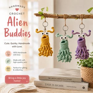 May include: Three handmade crochet alien keychains in yellow, light green, and purple. Each features two large white eyes with black pupils, two curved antennae, and multiple dangling tentacles attached to a silver metal keyring and lobster clasp.