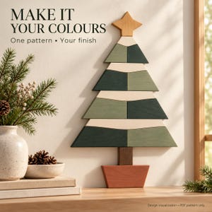 Patrón de intarsia para árbol de Navidad en PDF, plantilla nórdica de 15 piezas para sierra de calar, 8 x 12 pulgadas.