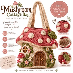 Könnte beinhalten: Eine Häkelanleitung für eine Pilzhaus-Tasche mit einem rot-cremefarbenen Pilzhut, einer braunen Tür, grünen Blättern sowie rosa und weißen Blumen. Der Text lautet Mushroom Cottage Bag, PDF CROCHET PATTERN und weitere Angaben.