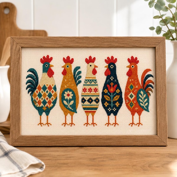 Folk Art Rooster Cross Stitch Pattern PDF, Farmhouse Chicken Embroidery Chart, Primitive Country Kitchen Decor, Instant Download