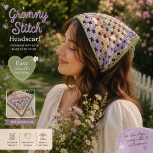 May include: A handmade granny stitch headscarf in pastel shades of purple, green, and cream. The image shows the text "Granny Stitch Headscarf" and "Easy Crochet Pattern". The headscarf is a square shape with a crocheted border. The image also includes "PDF Download".