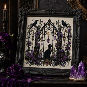 Patrón de punto de cruz de gato negro gótico en PDF, jardín lunar de cuervo brujo, rosas moradas, gráfico de bordado contado de Halloween