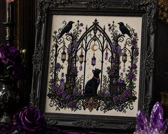 Gothic Black Cat Cross Stitch Pattern PDF, Witchy Raven Moon Garden, Purple Roses, Halloween Counted Embroidery Chart