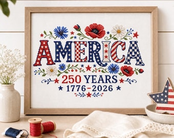 Amerika 250 år korsstygnsmönster PDF, 4 juli patriotiskt provstygn, USA 1776-2026 DMC-diagram, digital nedladdning