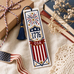 Bokmärke för 4 juli-korsstygnsmönster i PDF-format, patriotiskt bokmärke från 1776 i USA, fyrverkerimönster för självständighetsdagen, Aida-diagram