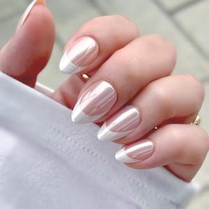 Glazed Donut Press On Nails | Pink Chrome Short Almond Nails | Clean Girl Nails | Reusable Soft Gel Nails Wedding Bridal
