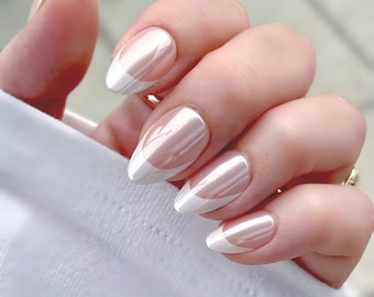Glazed Donut Press On Nails | Pink Chrome Short Almond Nails | Clean Girl Nails | Reusable Soft Gel Nails Wedding Bridal