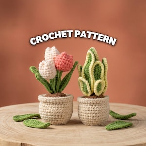 May include: Crochet pattern featuring two potted plants. One pot has three tulips in shades of pink and white. The other pot has a green and yellow cactus. The pots are beige and sit on a wooden surface. The text "CROCHET PATTERN" is above the plants.