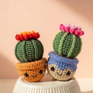 Puede incluir: Dos plantas de cactus de ganchillo hechas a mano. Un cactus está en una maceta naranja con una cara sonriente y una flor roja y naranja. El otro cactus está en una maceta azul con una cara sonriente y una flor rosa.