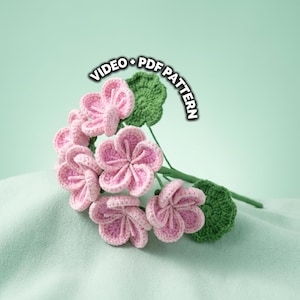 Può includere: Una composizione floreale all'uncinetto fatta a mano con fiori rosa e foglie verdi. I fiori sono raggruppati, con uno stelo e foglie. Il testo "VIDEO + PDF PATTERN" è visualizzato in un banner curvo.