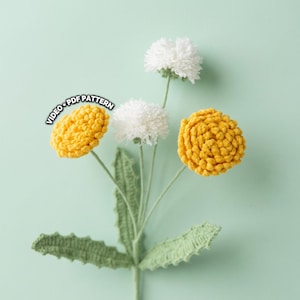 以下が含まれることがあります： 黄色と白のポンポンスタイルの花、緑の茎と葉が特徴の手作りのかぎ針編みのフラワーアレンジメント。テキスト「VIDEO PDF PATTERN」が左上にあります。花は明るい緑色の背景にあります。