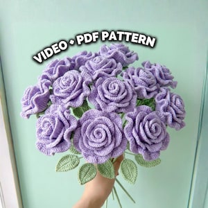 Crochet Rose Pattern PDF | Video Tutorial | Flower Bouquet | Beginner Friendly | Stem and Leaves