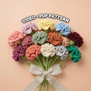 Crochet Carnation Flower Pattern PDF, Ruffled Bloom Video Tutorial, Easy Valentine Spring Gift, DIY Yarn Floral Stem