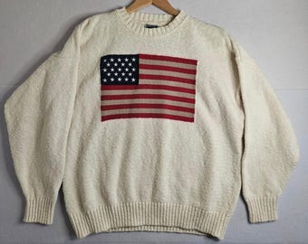 McIntosh & Seymour Mens American Flag Knit Sweater USA Made Medium Rugby 90s