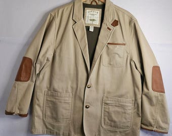 Chaqueta de campo vintage Orvis Zambezi de sarga para hombre, talla XL, color caqui tostado, ribete de cuero, estilo safari.
