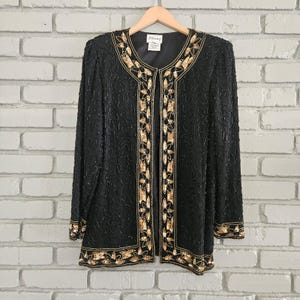Stenay Vintage Black Silk Beaded Evening Jacket Gold Sequin Floral Border Medium