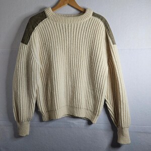 Mabun of Scotland Wool Sweater XL Cream Ribbed Commando Shooting Patch Pullover