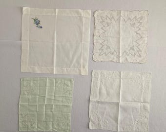Lote de 4 pañuelos vintage bordados con encaje blanco y verde con estampado floral para bodas.