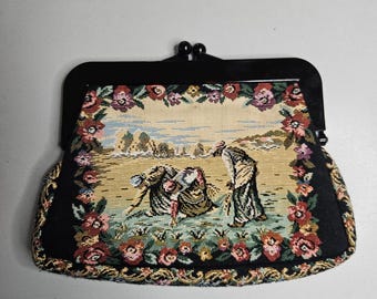 Vintage Walborg Tapestry Clutch Bag Floral Pastoral Scene Kiss Lock Japan