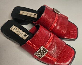 Brighton Beth Red Leather Slide Sandals Croc Embossed Buckle Mules Made Italy 7M