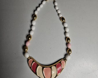 Vintage Napier Gold Tone Enamel Bib Necklace Pink White Beaded Collar 80s Retro