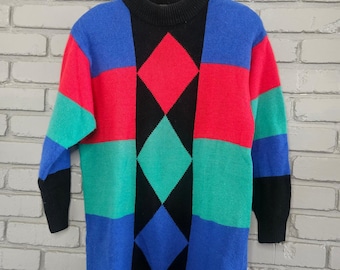 Jersey vintage Marco Pecci de lana de cordero y angora con bloques de color azul, rojo y verde, talla 40.