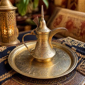 Vintage Egyptian Brass Tray & Arabic Dallah Coffee Pot Mid Century Decorative Set