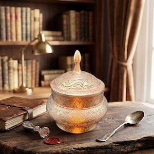 Puede incluir: Un tarro decorativo con tapa de color cobre con intrincados patrones grabados. El tarro está sobre una superficie de madera con una cuchara, un libro y un sello de cera. El fondo incluye una estantería y una lámpara.