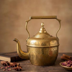 May include: A vintage brass teapot with intricate floral engravings. The teapot features a curved spout, a handle, and a lid with a decorative finial. The teapot is displayed on a wooden surface with spices and a book.