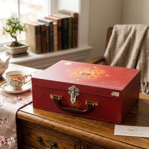 Puede incluir: Una caja rectangular roja con un diseño dorado y marrón en la parte superior. La caja tiene un cierre plateado, un asa marrón y herrajes dorados. La caja está sobre una superficie de madera, con una taza de té y un platillo cerca.