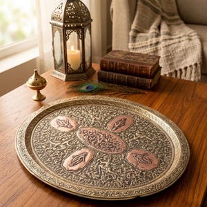 Vintage Indian Ganga Jamuna Copper Brass Tray: Hand Embossed Repoussé Folk Art Wall Decor